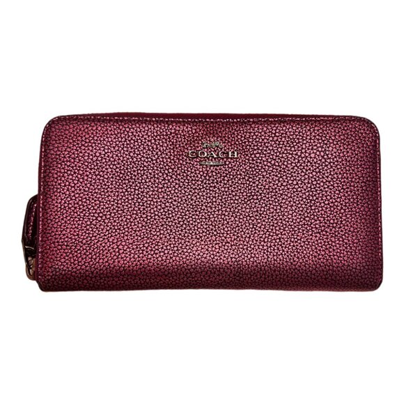 RARE COLOR! COACH Pink Metallic Pebble Leather Accordion Zip Wallet - Picture 1 of 11